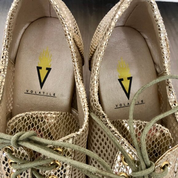 Volatile Gold Lace Up Flirtinini Open Toe Cork Wedge Heels, Size 7.5 - Picture 4 of 14